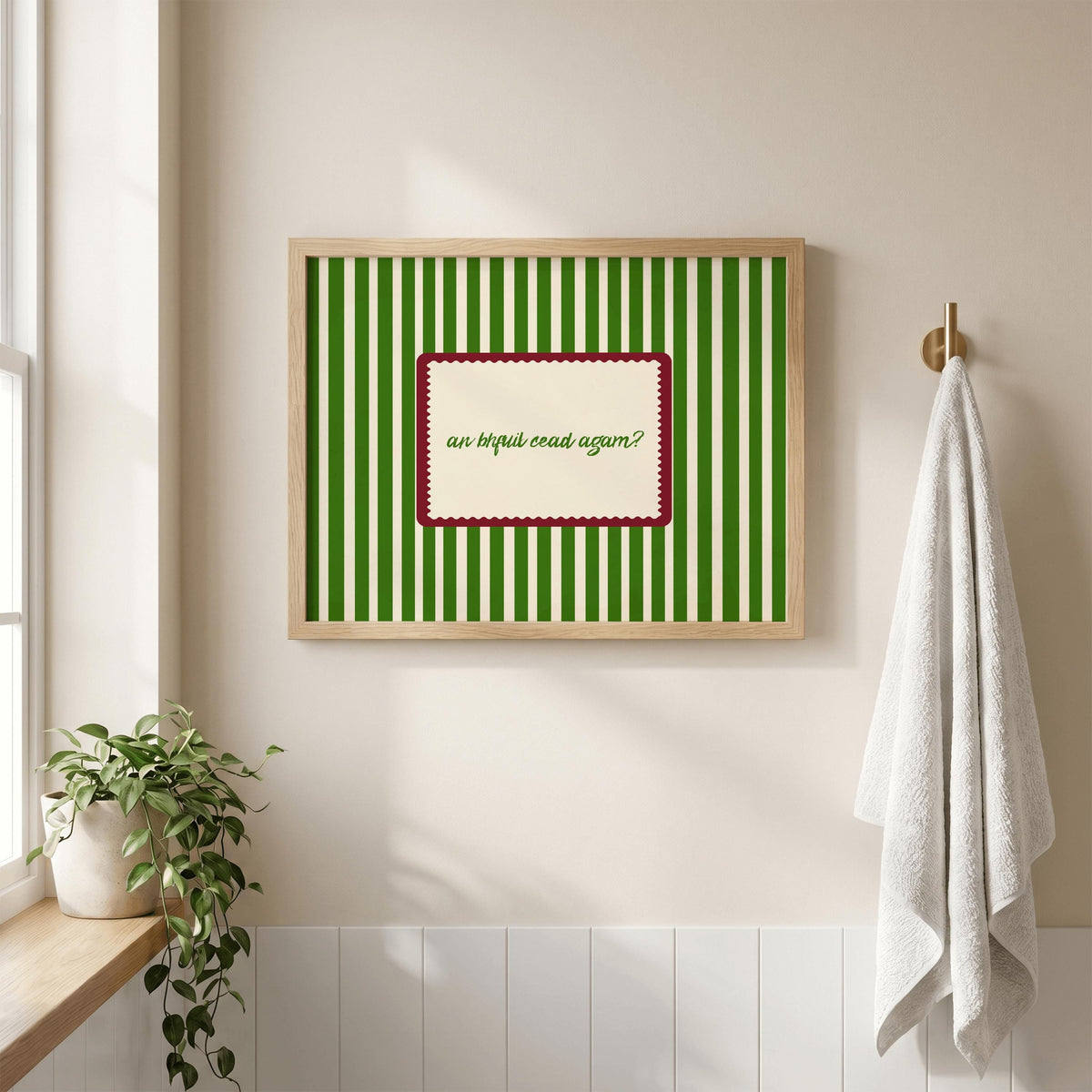 An Bhfuil Cead Agam retro typography Irish print – wall mockup 1