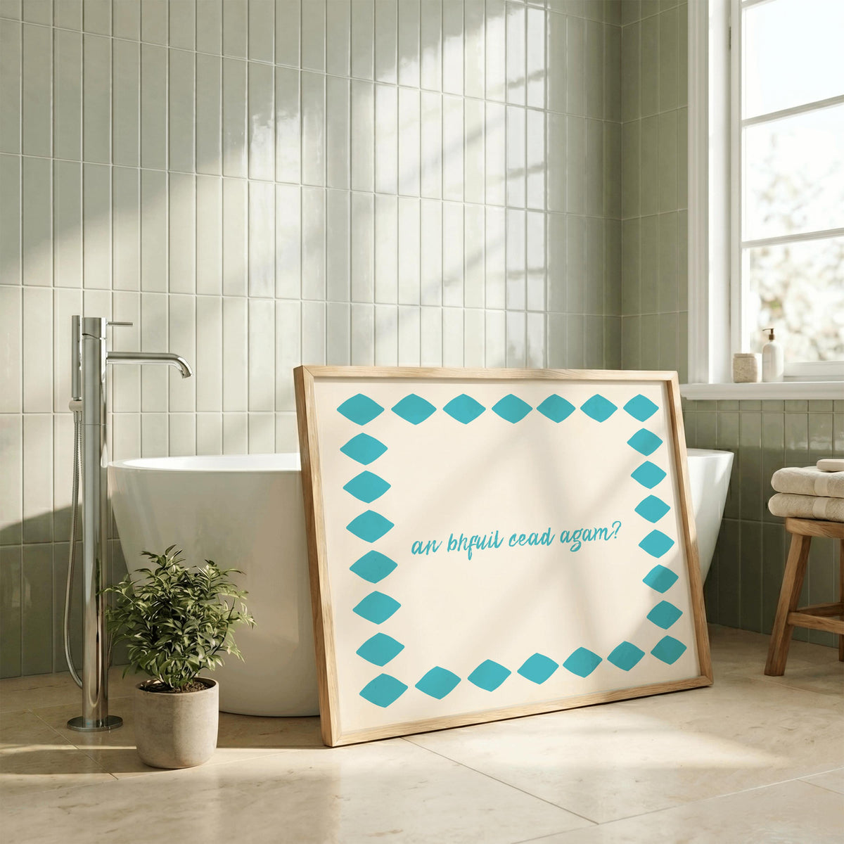 An Bhfuil Cead Agam teal diamond Irish print – wall mockup 4