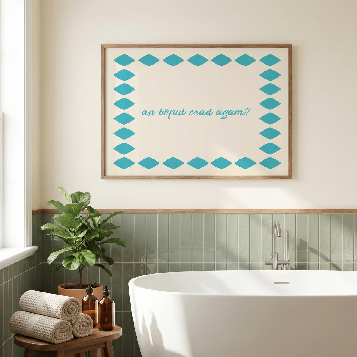 An Bhfuil Cead Agam teal diamond Irish print – wall mockup 1