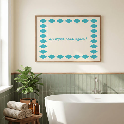 An Bhfuil Cead Agam teal diamond Irish print – wall mockup 1