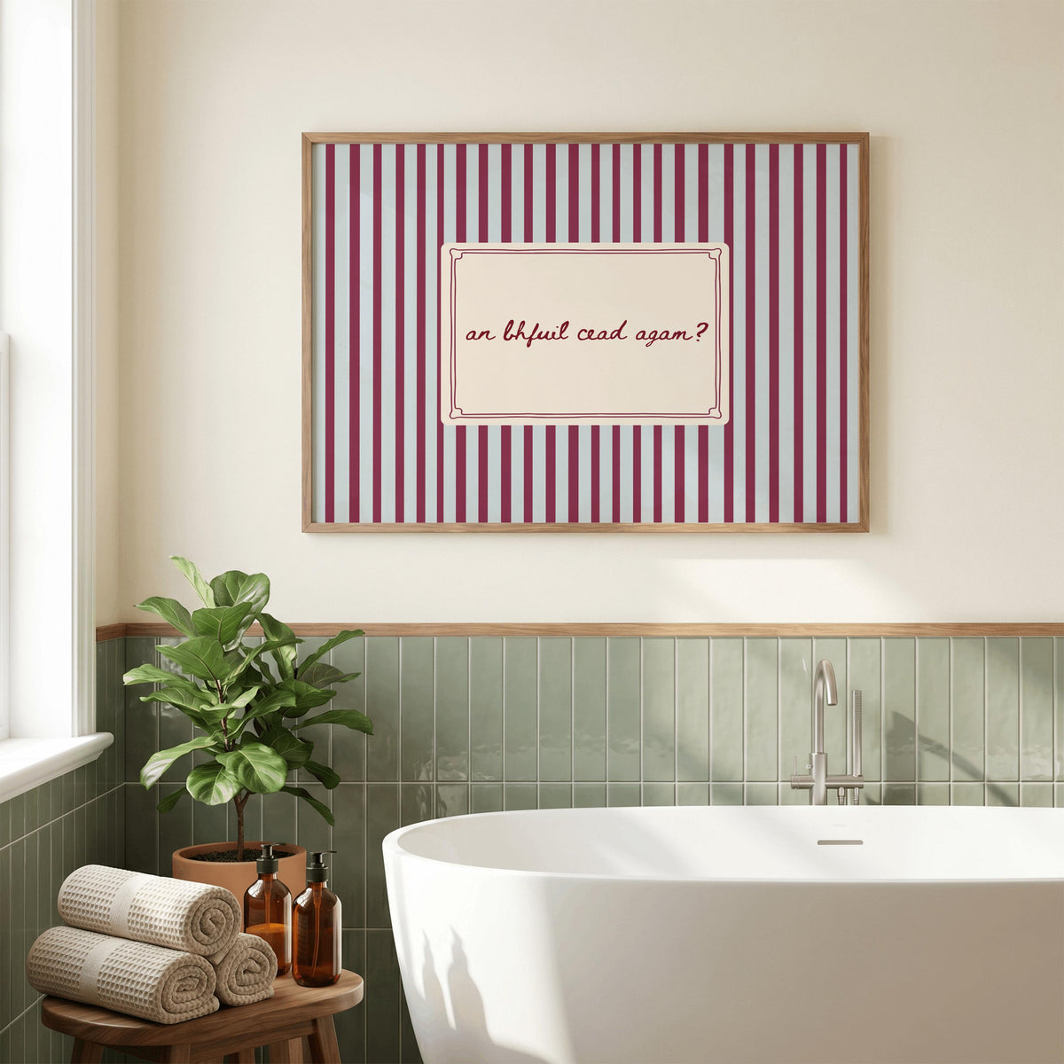 An Bhfuil Cead Agam bathroom Irish print – wall mockup 1