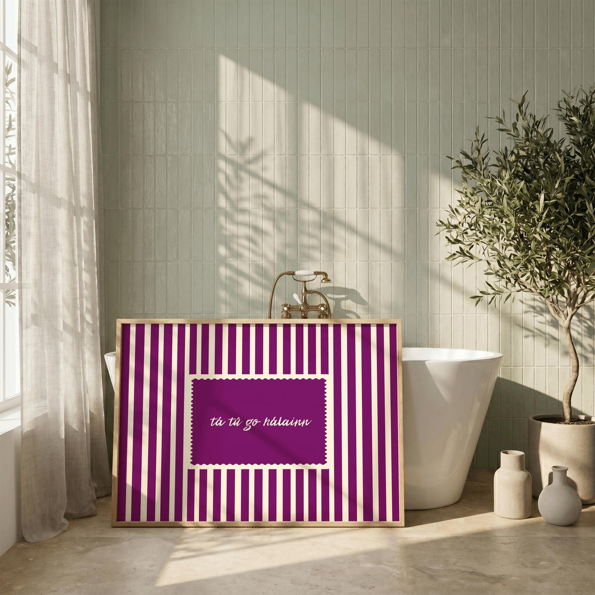 Tá tú go hálainn magenta stamp Irish print – wall mockup 2