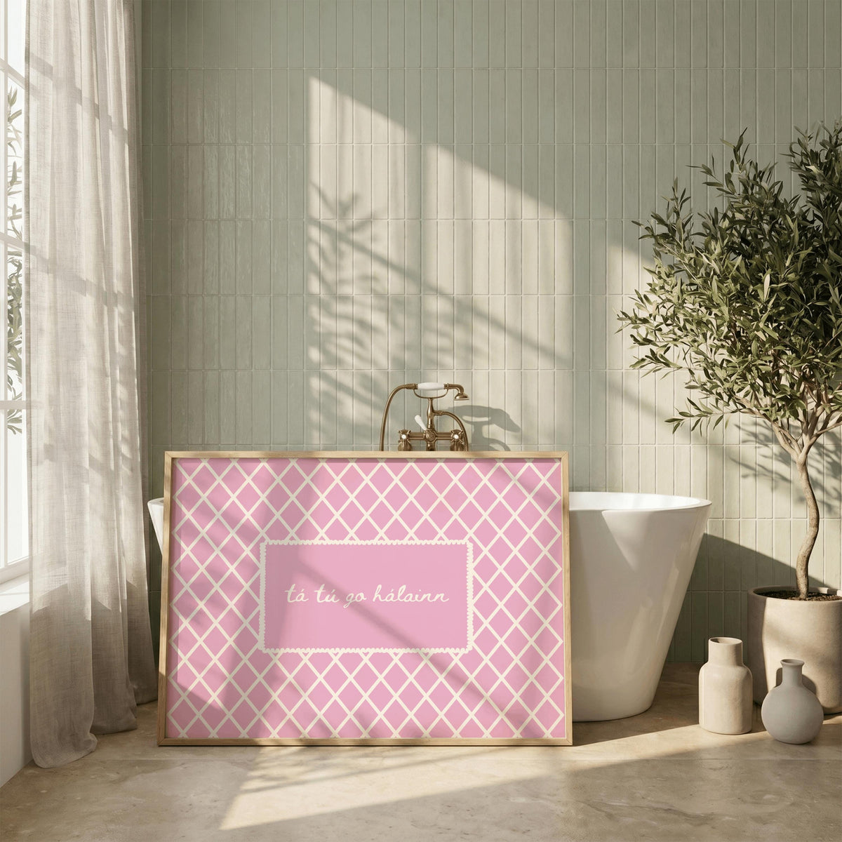 Tá tú go hálainn pink trellis Irish print – wall mockup 2