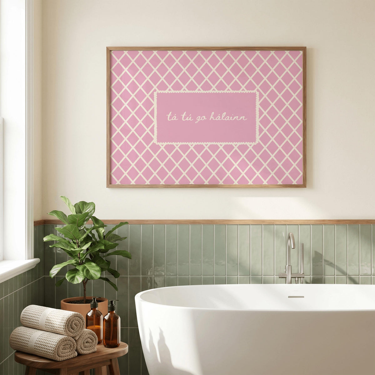 Tá tú go hálainn pink trellis Irish print – wall mockup 1
