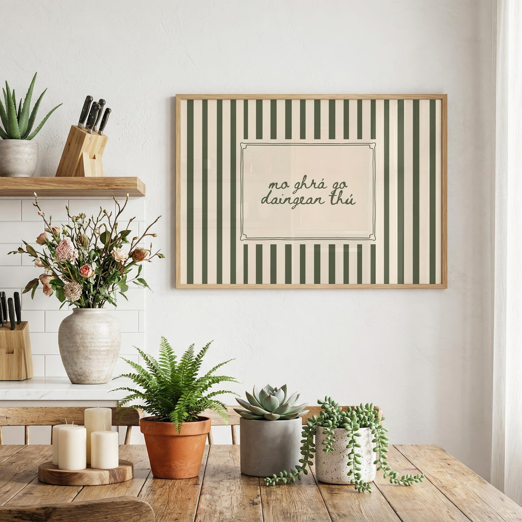 Green stripe Gaelic love quote print – wall mockup 3