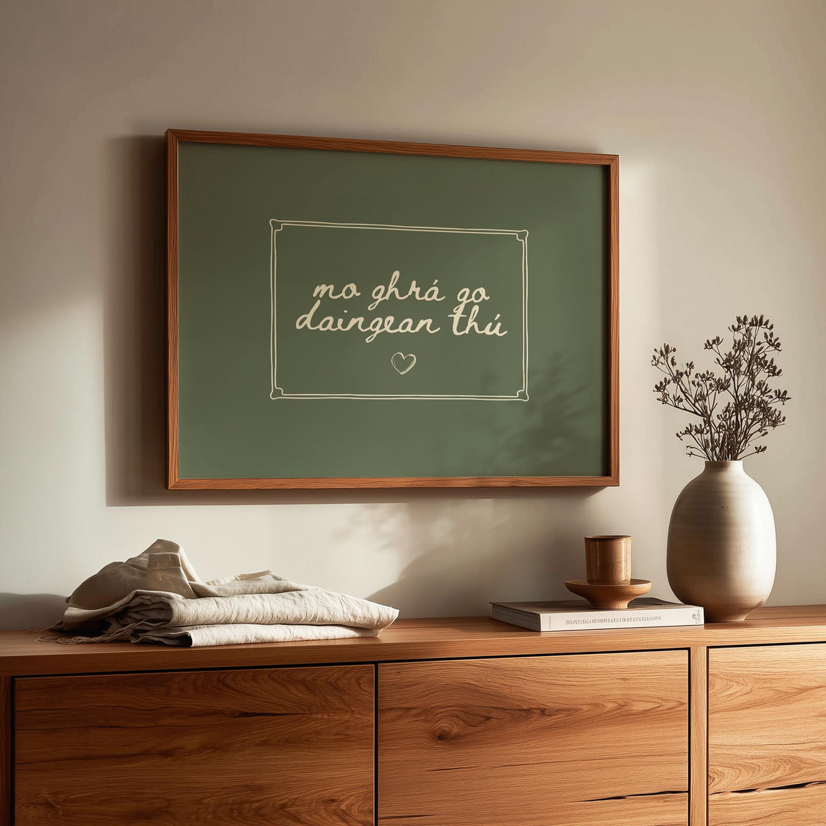 Mo ghrá go daingean thú sage green Irish print – wall mockup 1