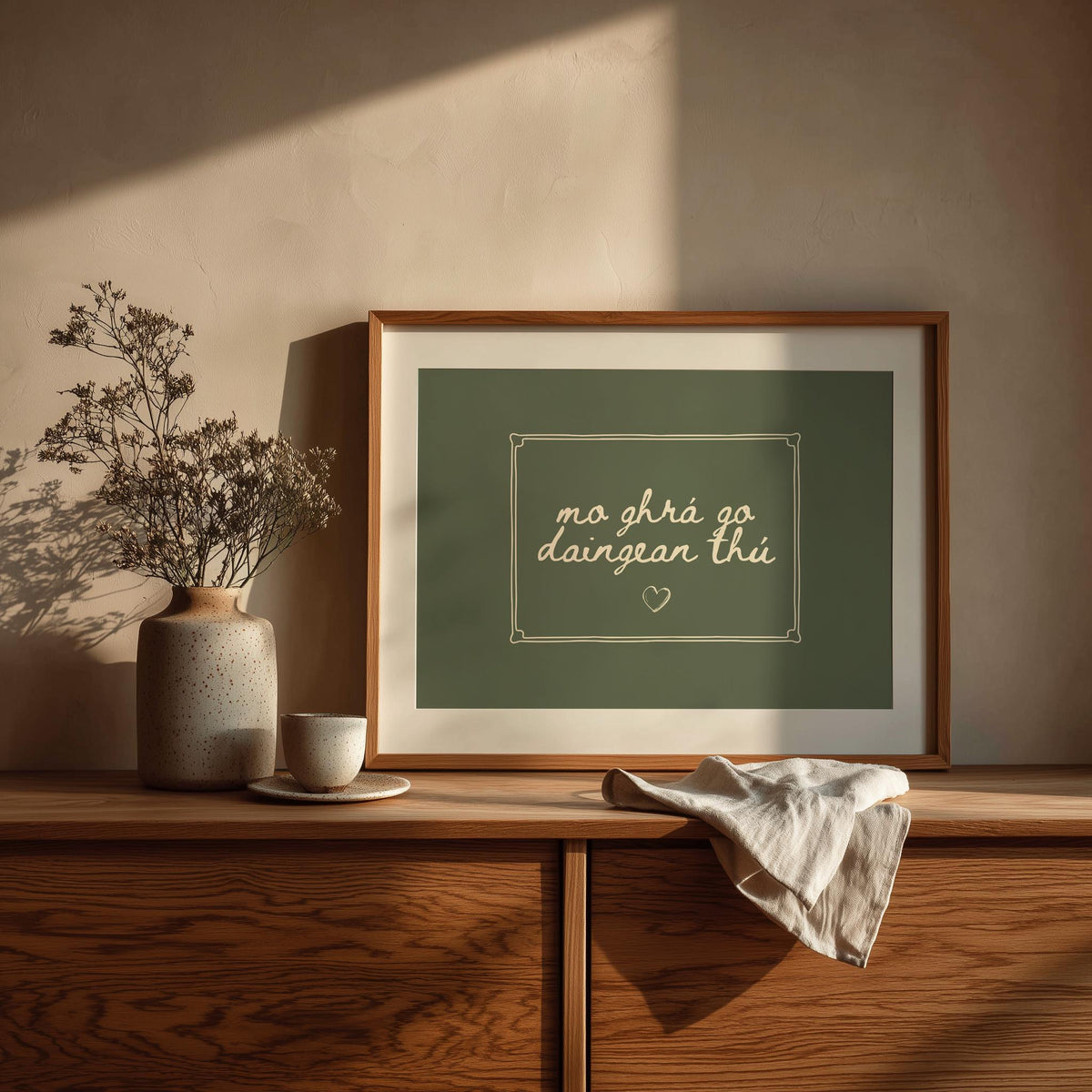Mo ghrá go daingean thú sage green Irish print – wall mockup 2