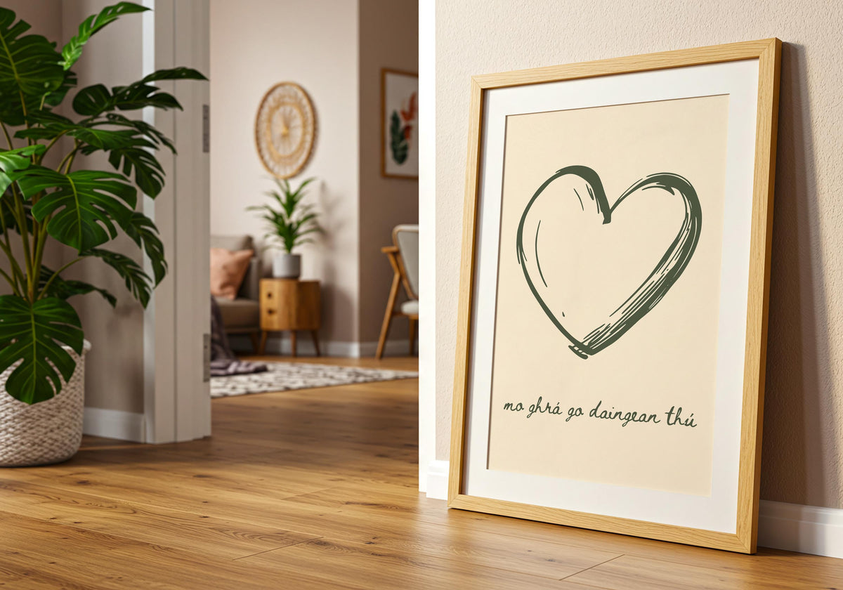 Hand-drawn heart Gaelic love print – wall mockup 5