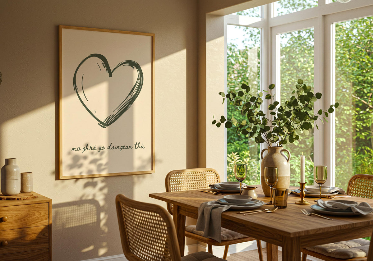 Hand-drawn heart Gaelic love print – wall mockup 3