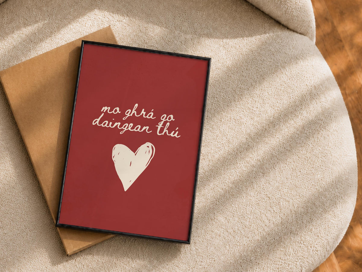 Gaelic love saying burgundy Irish print – wall mockup 2