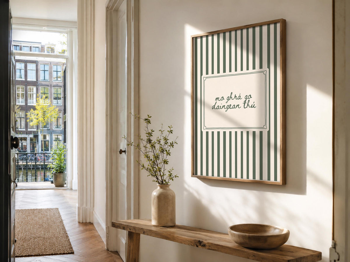 Mo ghrá go daingean thú cream stripe Irish print – wall mockup 2