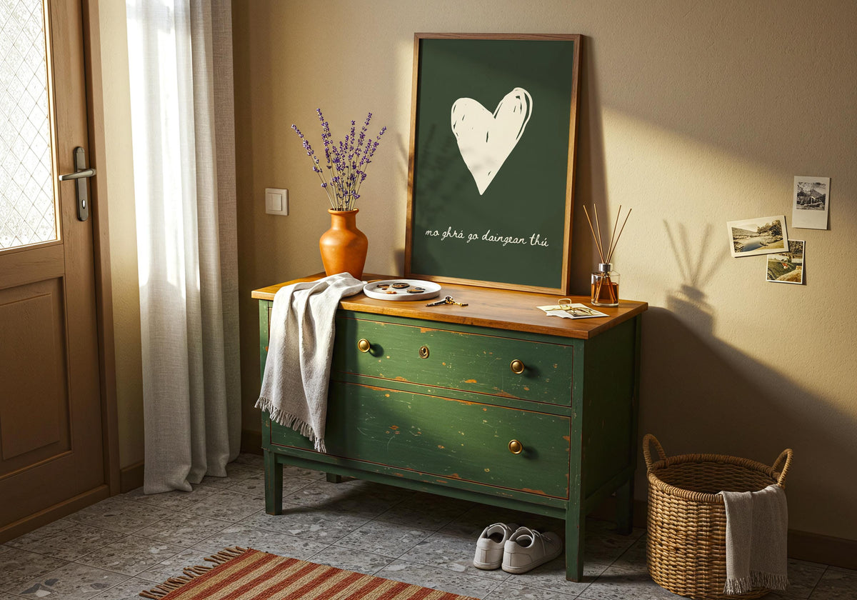 Mo ghrá go daingean thú green heart Irish print – wall mockup 7
