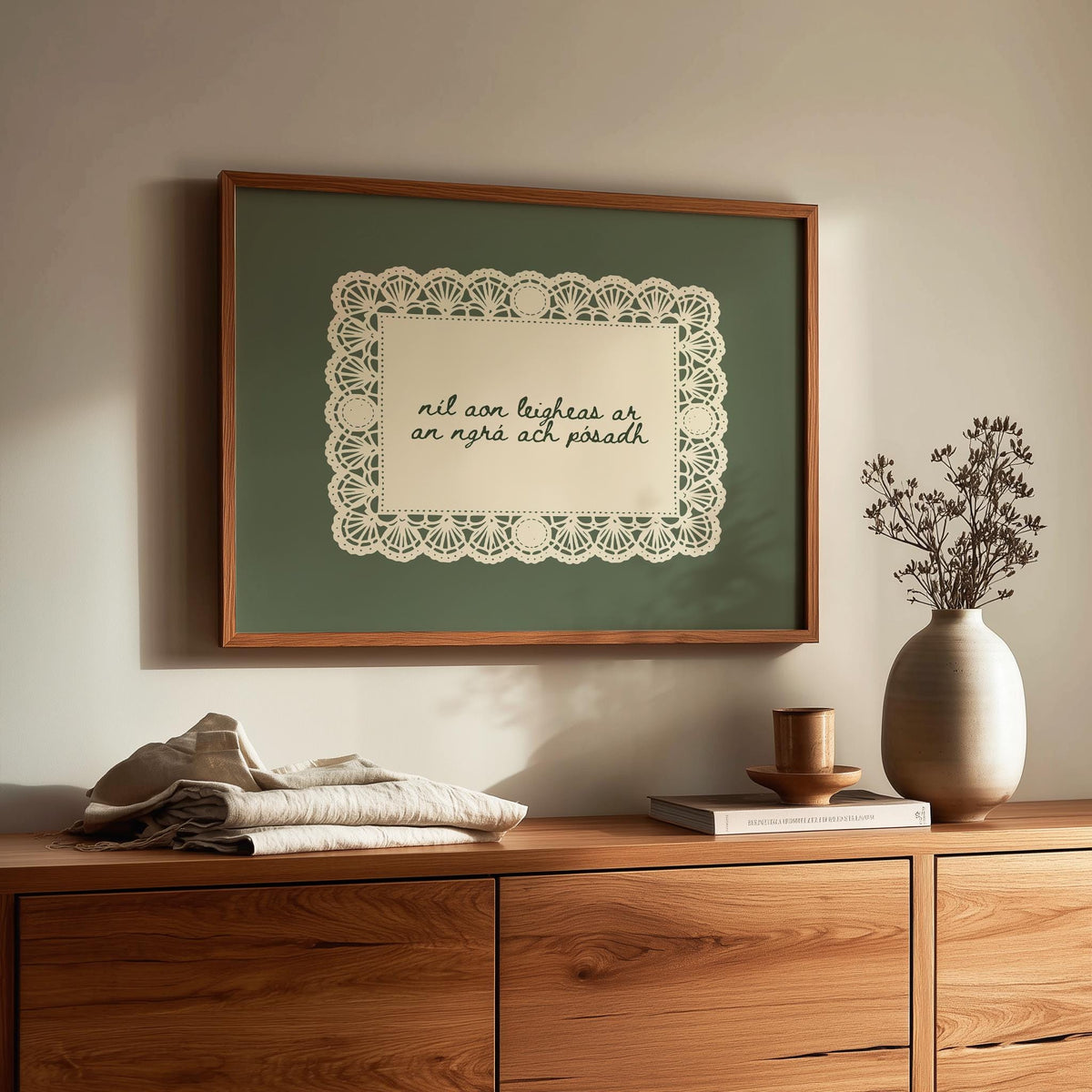 Níl aon leigheas sage lace doily Irish print – wall mockup 5