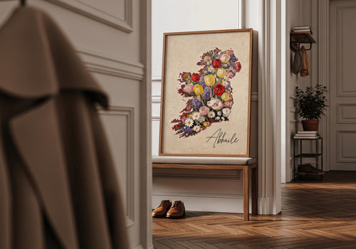 Abhaile floral map of Ireland print – wall mockup 2