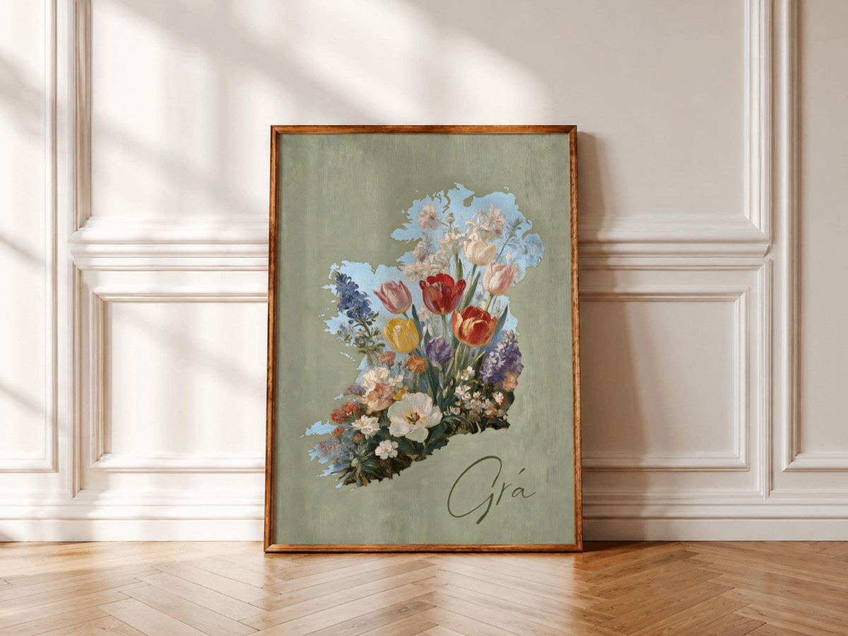 Grá floral map of Ireland print – wall mockup 1