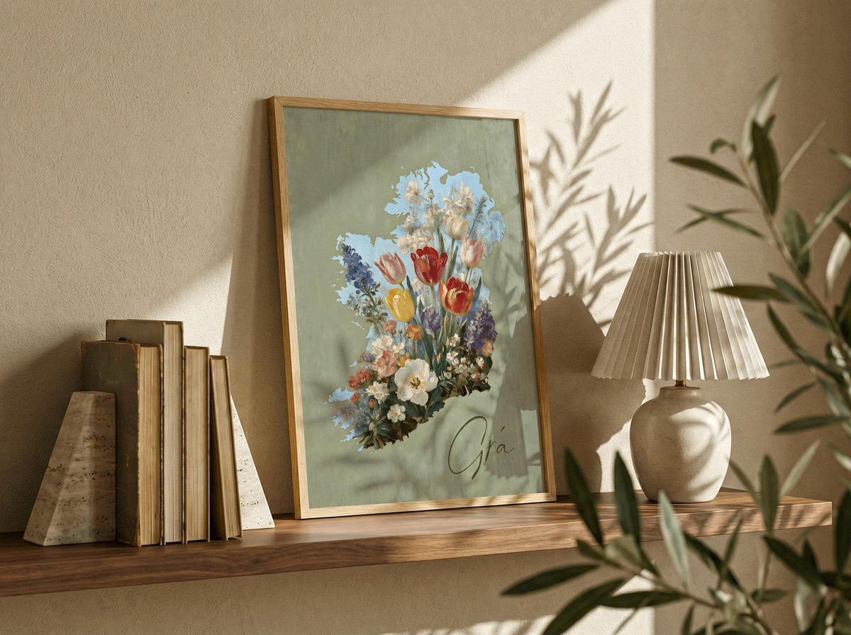 Grá floral map of Ireland print – wall mockup 4