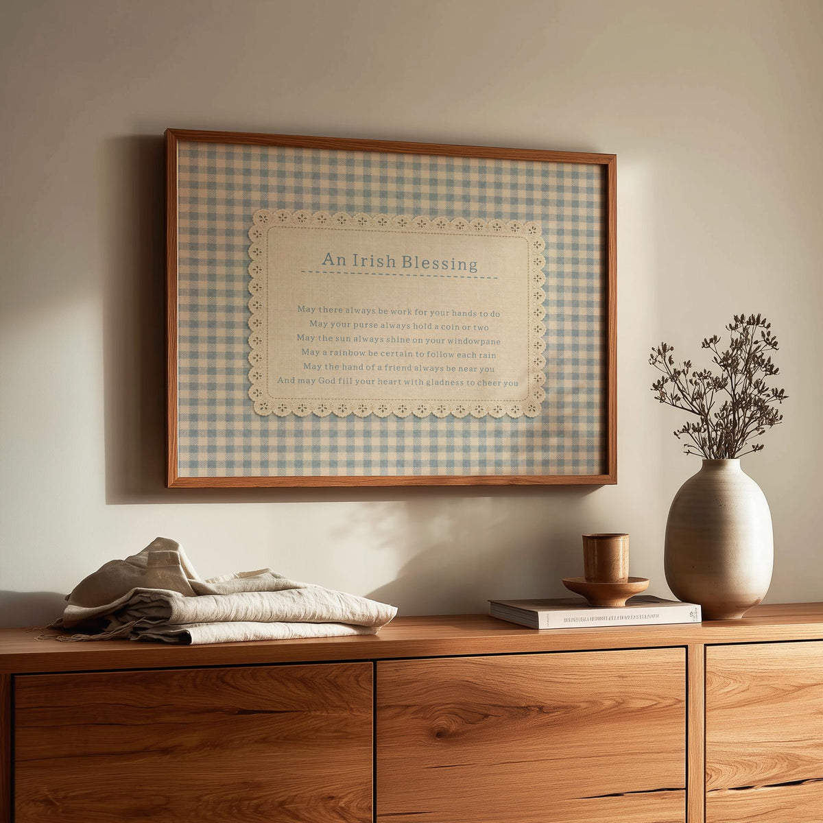 Irish Blessing blue gingham Irish print – wall mockup 2