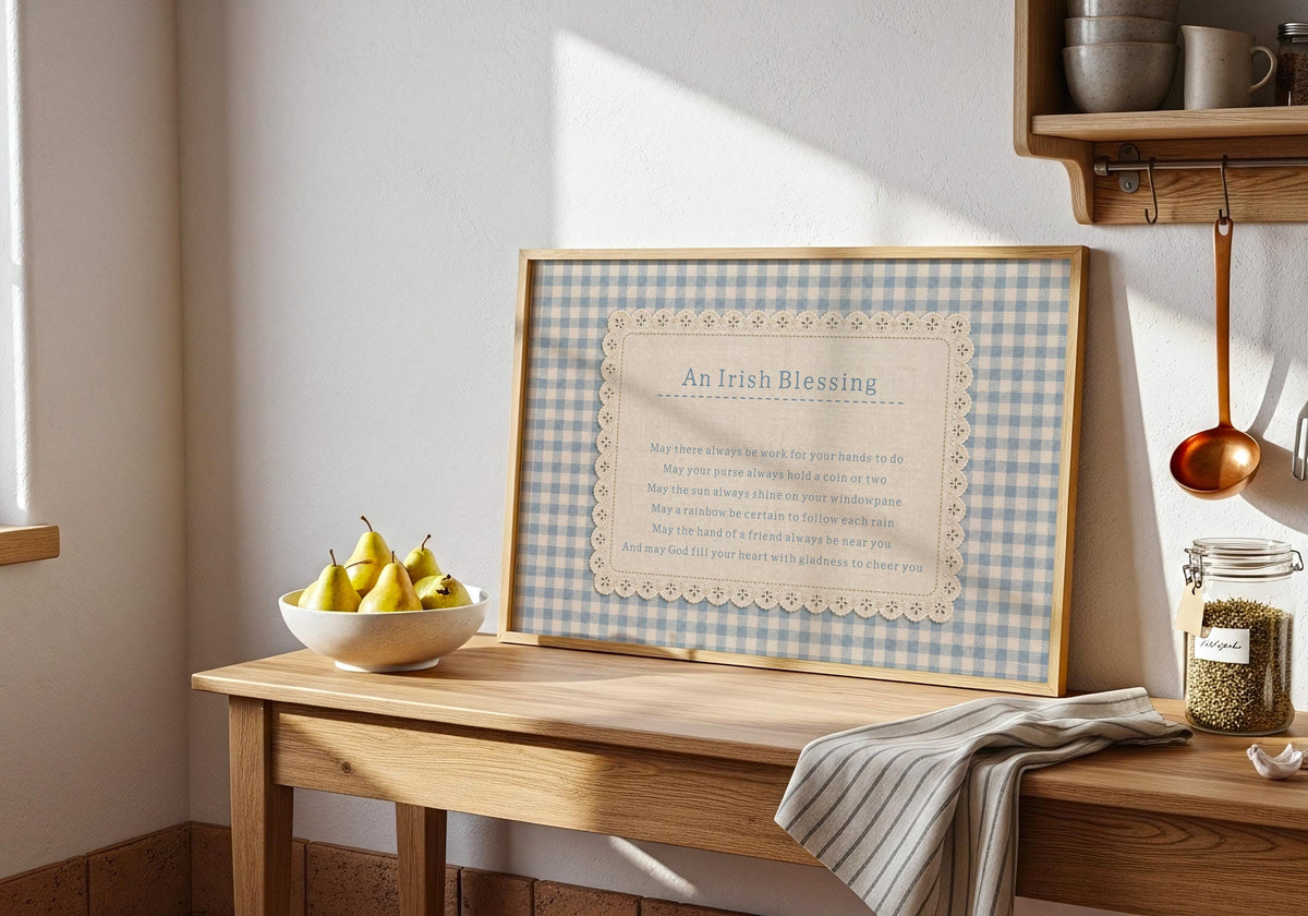 Irish Blessing blue gingham Irish print – wall mockup 1