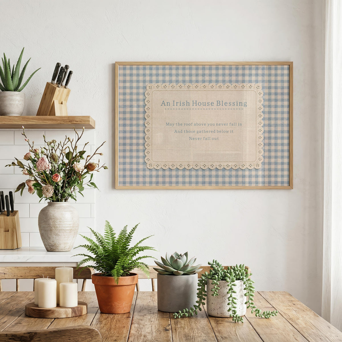 Irish House Blessing gingham lace Irish print – wall mockup 5