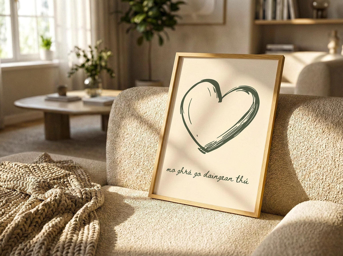 Hand-drawn heart Gaelic love print – wall mockup 2