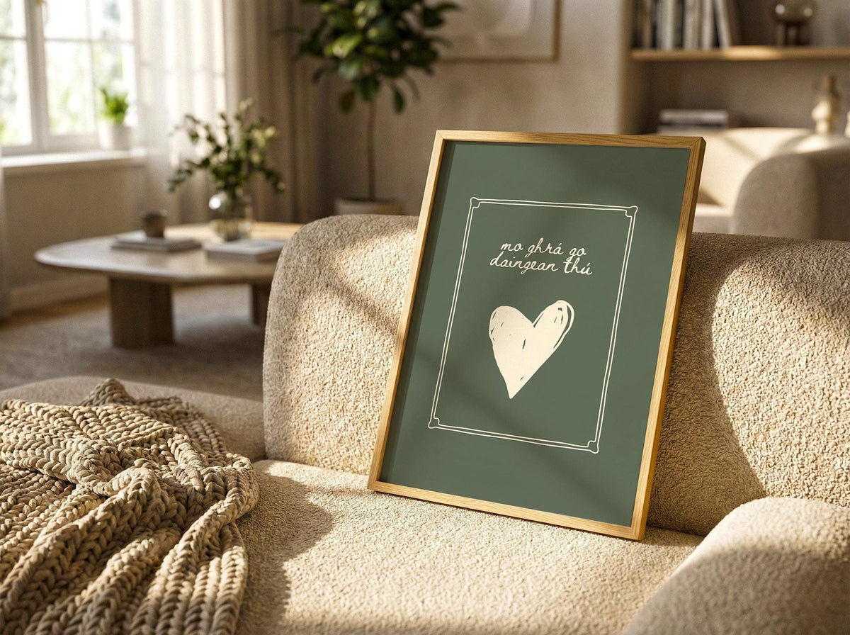 Irish heart Gaelic love phrase print – wall mockup 1