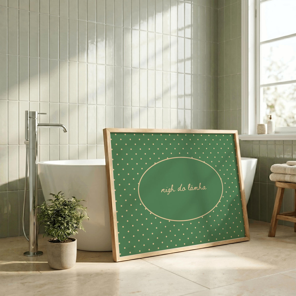Nigh Do Lámha green cream Irish print – wall mockup 1