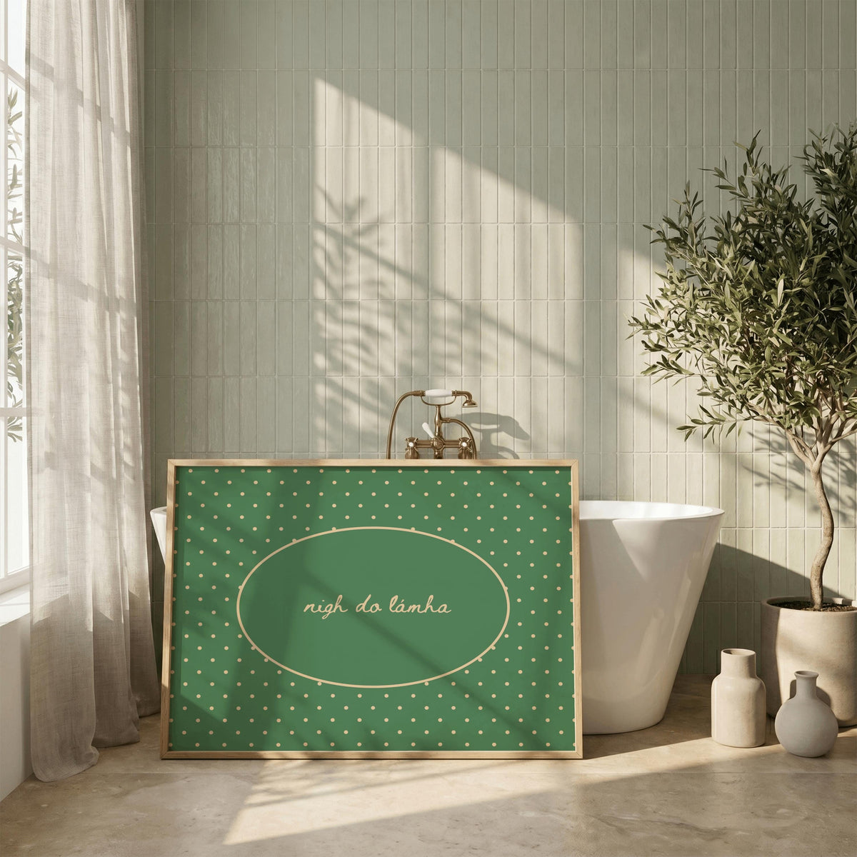 Nigh Do Lámha green cream Irish print – wall mockup 4