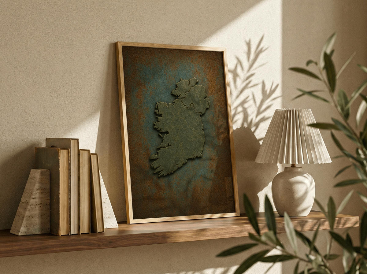 Embossed Ireland map, Claddagh and harp Irish print set – wall mockup 2