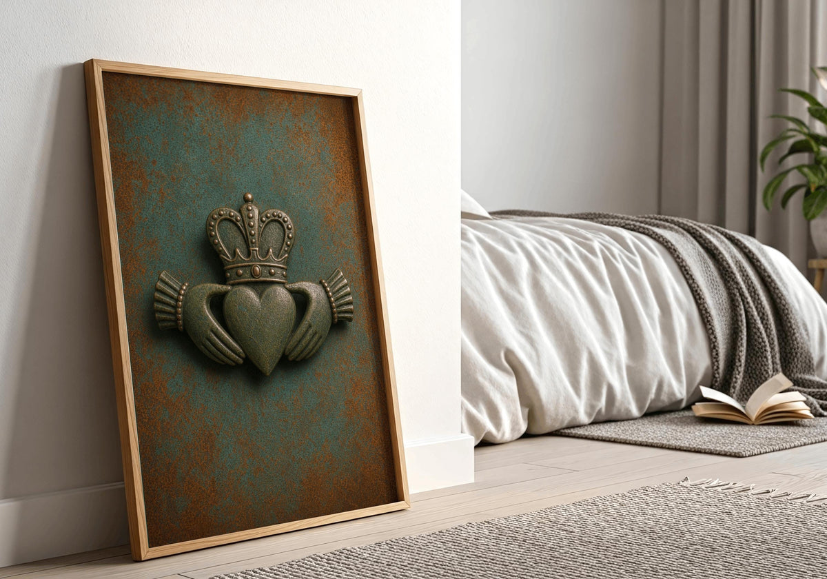 Embossed Ireland map, Claddagh and harp Irish print set – wall mockup 3