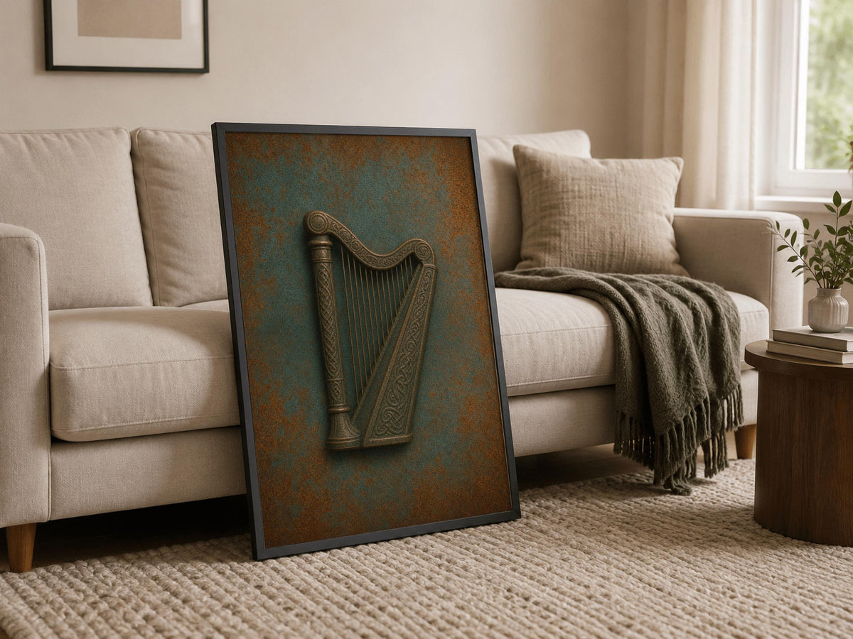 Embossed Ireland map, Claddagh and harp Irish print set – wall mockup 4