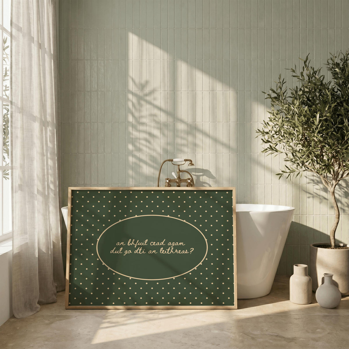 Gaeilge polka dot bathroom Irish print – wall mockup 1