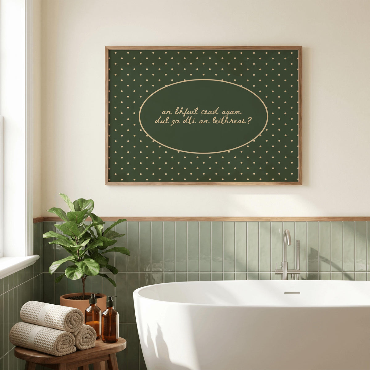 Gaeilge polka dot bathroom Irish print – wall mockup 2