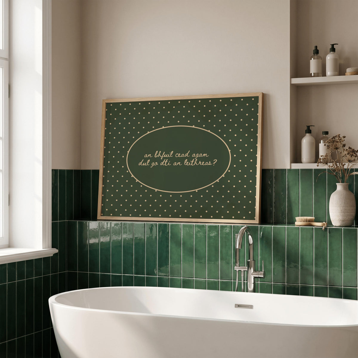 Gaeilge polka dot bathroom Irish print – wall mockup 3