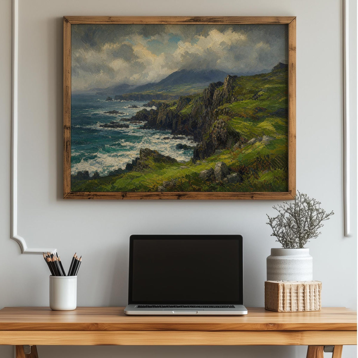 Donegal coast oil painting Irish print – wall mockup 1