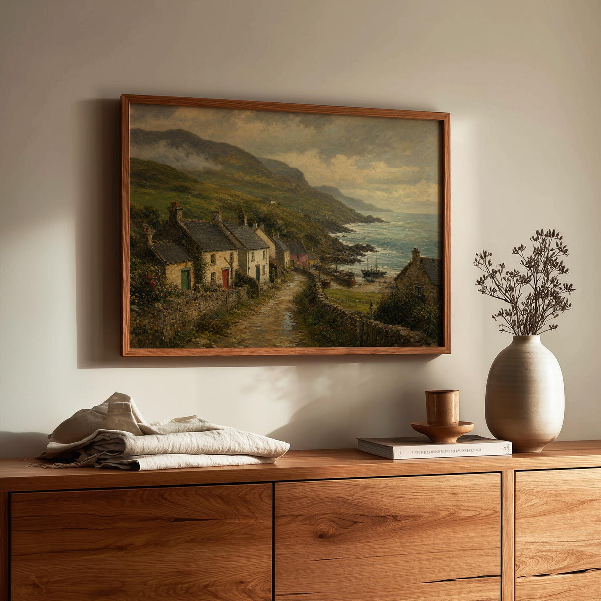 Coastal village stone cottages oil painting Irish print – wall mockup 2
