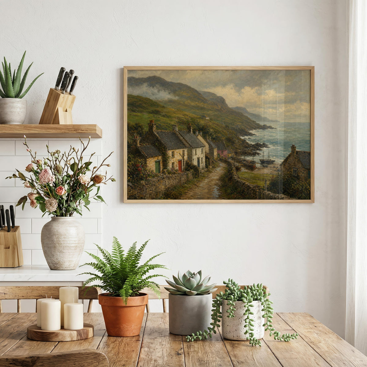 Coastal village stone cottages oil painting Irish print – wall mockup 5