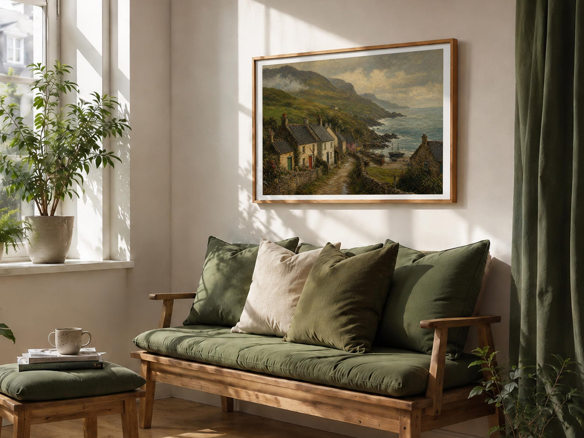 Coastal village stone cottages oil painting Irish print – wall mockup 4