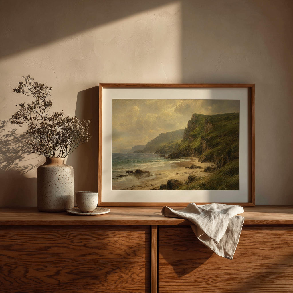 Irish beach and green cliffs oil painting Irish print – wall mockup 1