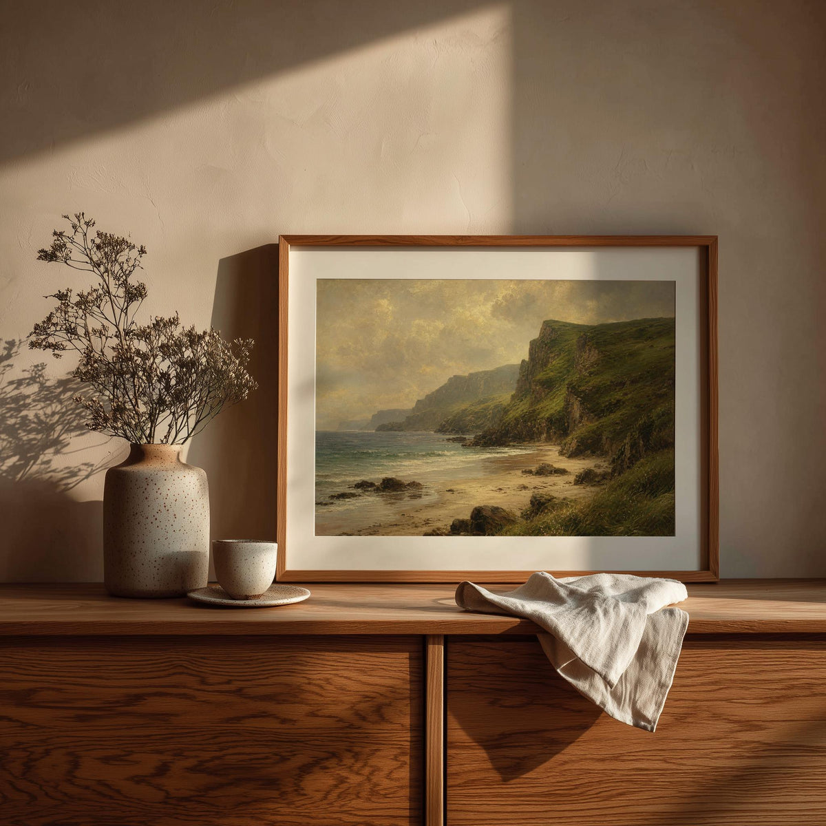 Irish beach and green cliffs oil painting Irish print – wall mockup 1