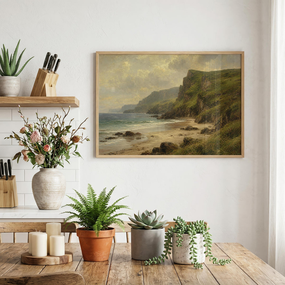 Irish beach and green cliffs oil painting Irish print – wall mockup 4