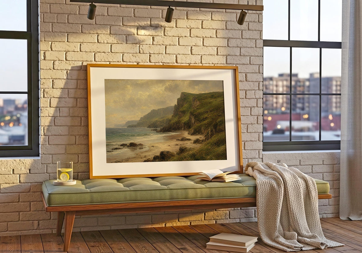 Irish beach and green cliffs oil painting Irish print – wall mockup 6