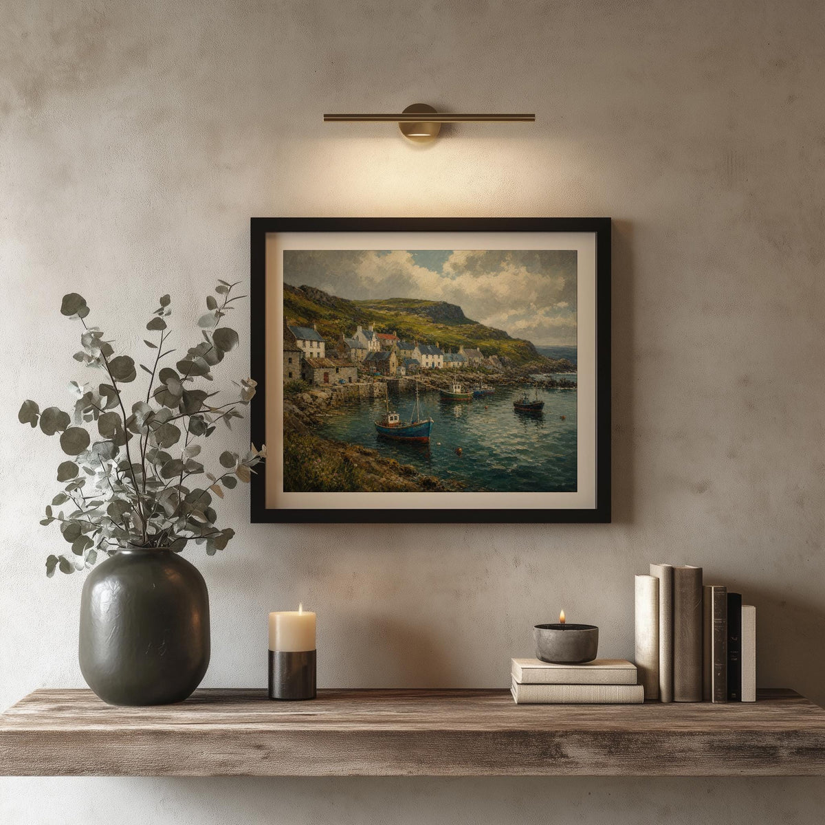 Atlantic Way fishing village oil painting Irish print – wall mockup 8