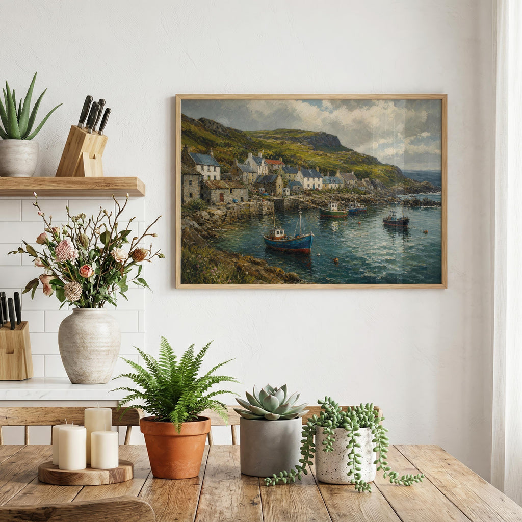 Atlantic Way fishing village oil painting Irish print – wall mockup 4