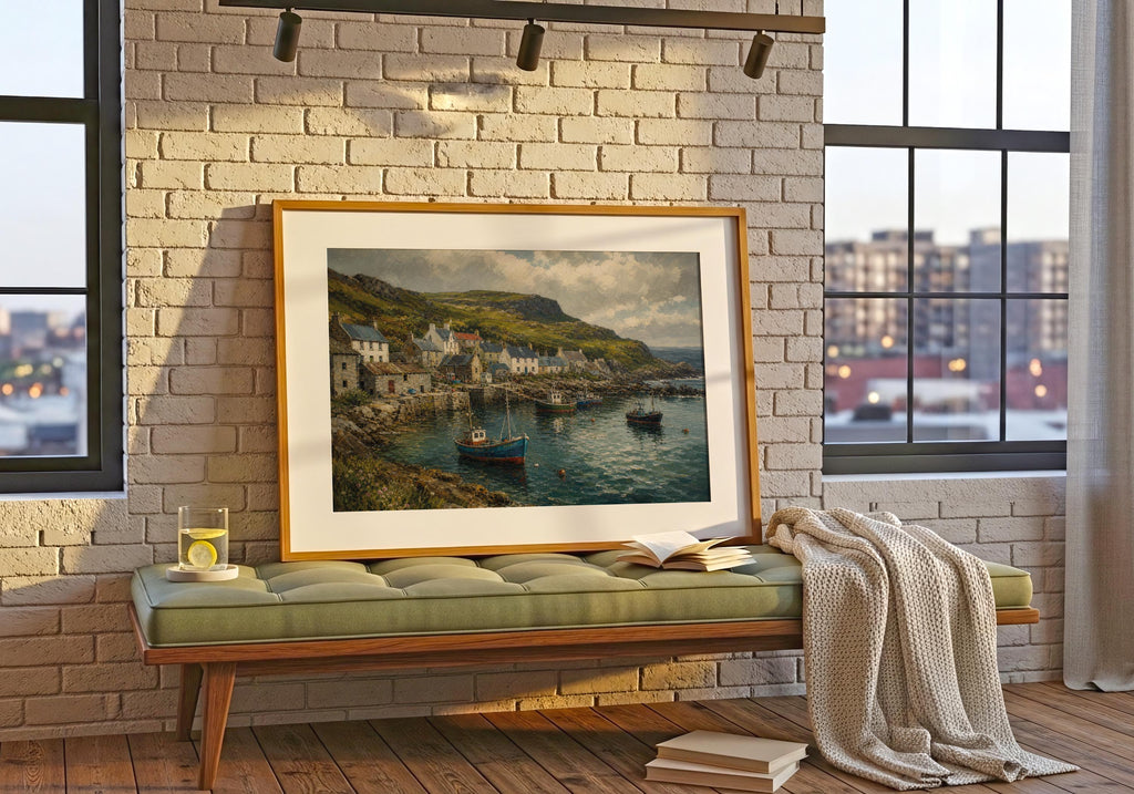 Atlantic Way fishing village oil painting Irish print – wall mockup 6