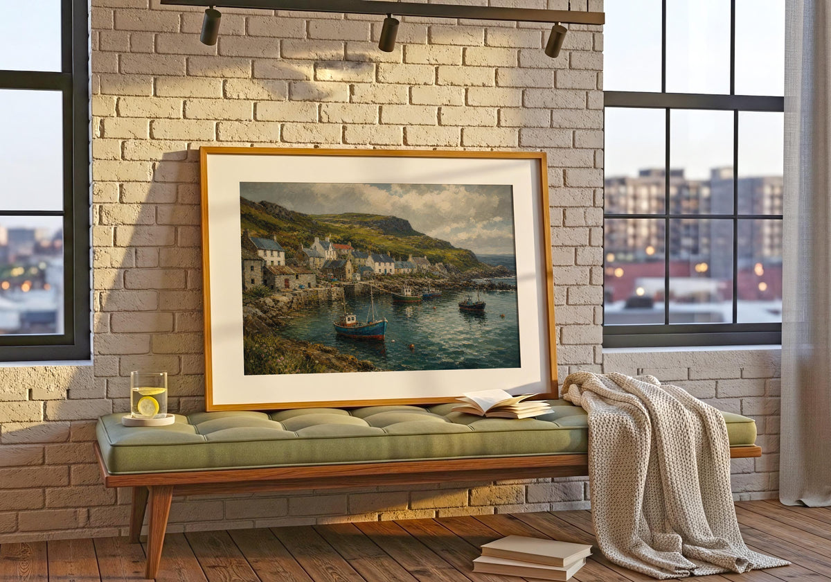 Atlantic Way fishing village oil painting Irish print – wall mockup 6