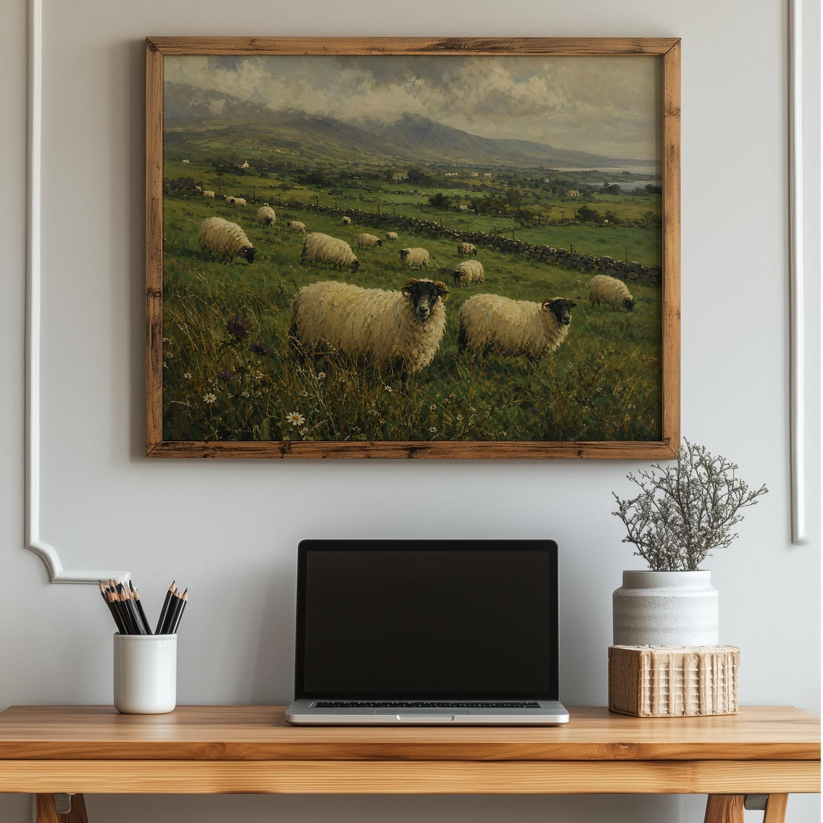 Irish sheep in green fields oil painting Irish print – wall mockup 3
