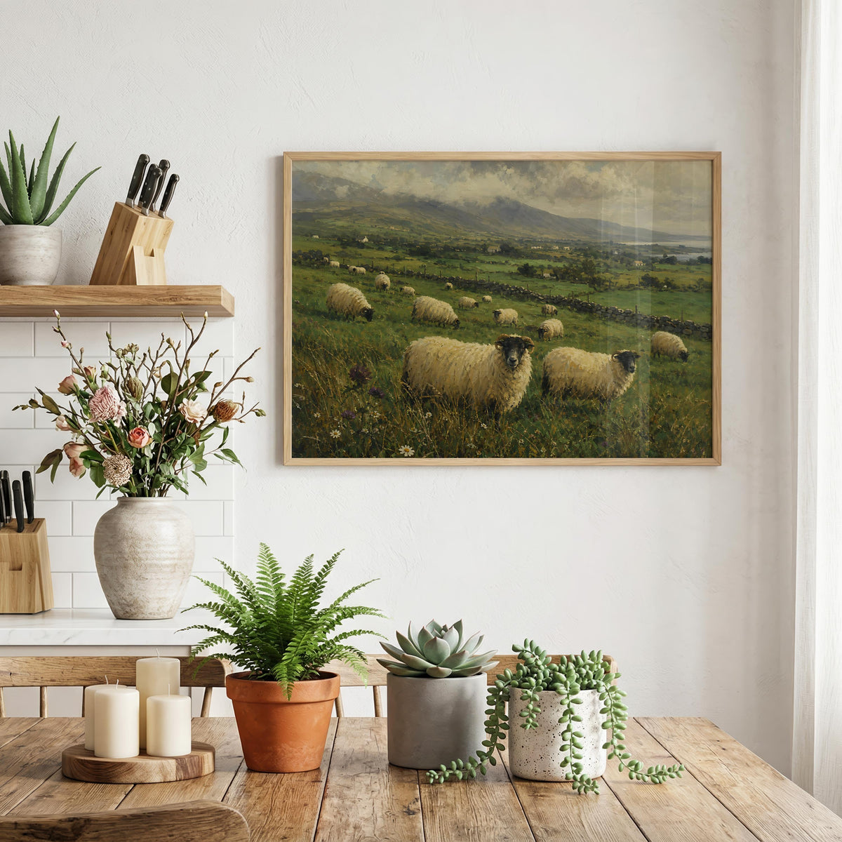 Irish sheep in green fields oil painting Irish print – wall mockup 5