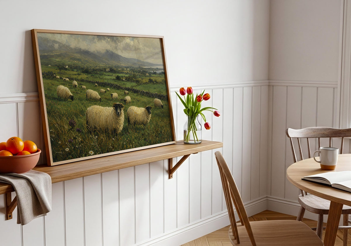 Irish sheep in green fields oil painting Irish print – wall mockup 4