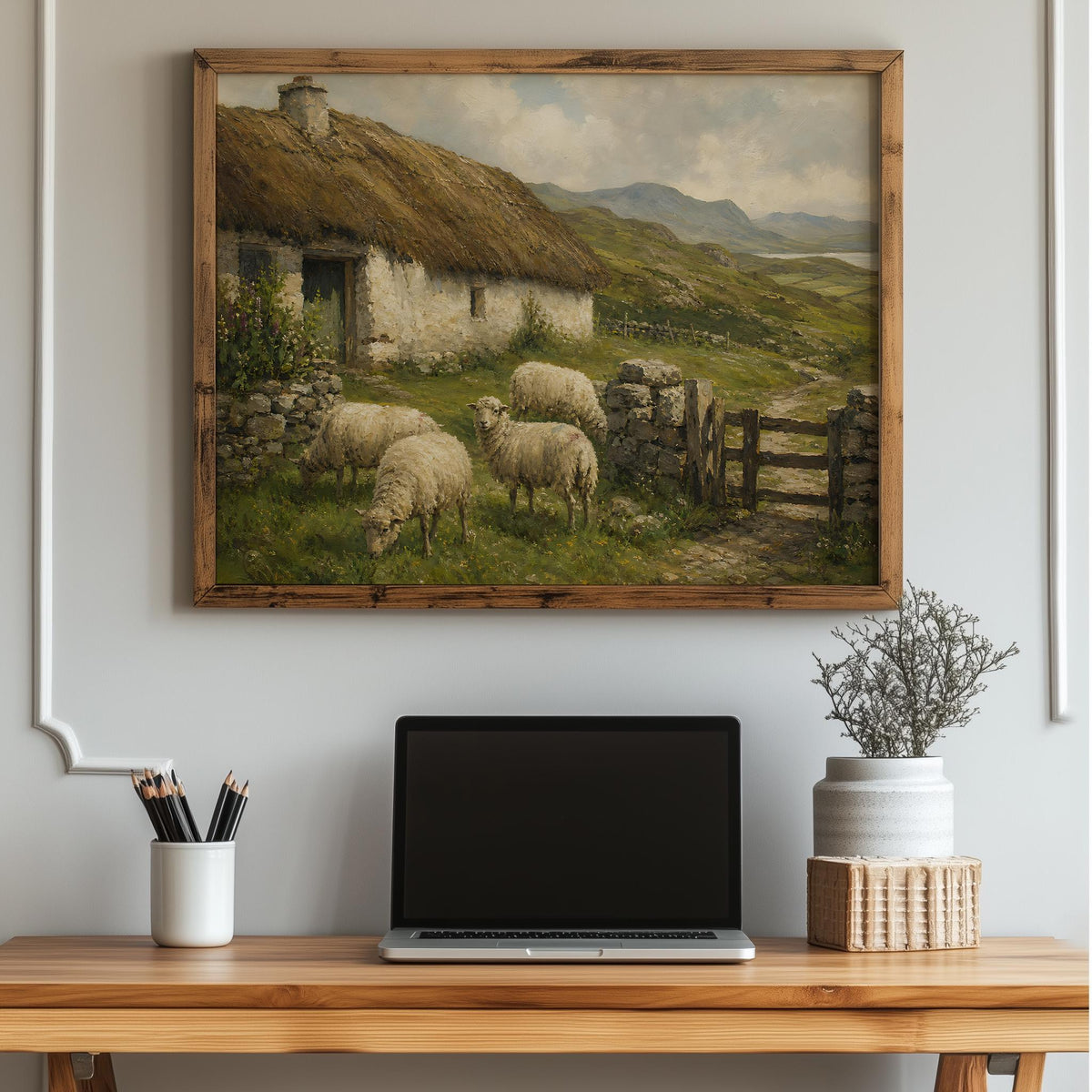 Sheep by the cottage oil painting Irish print – wall mockup 4