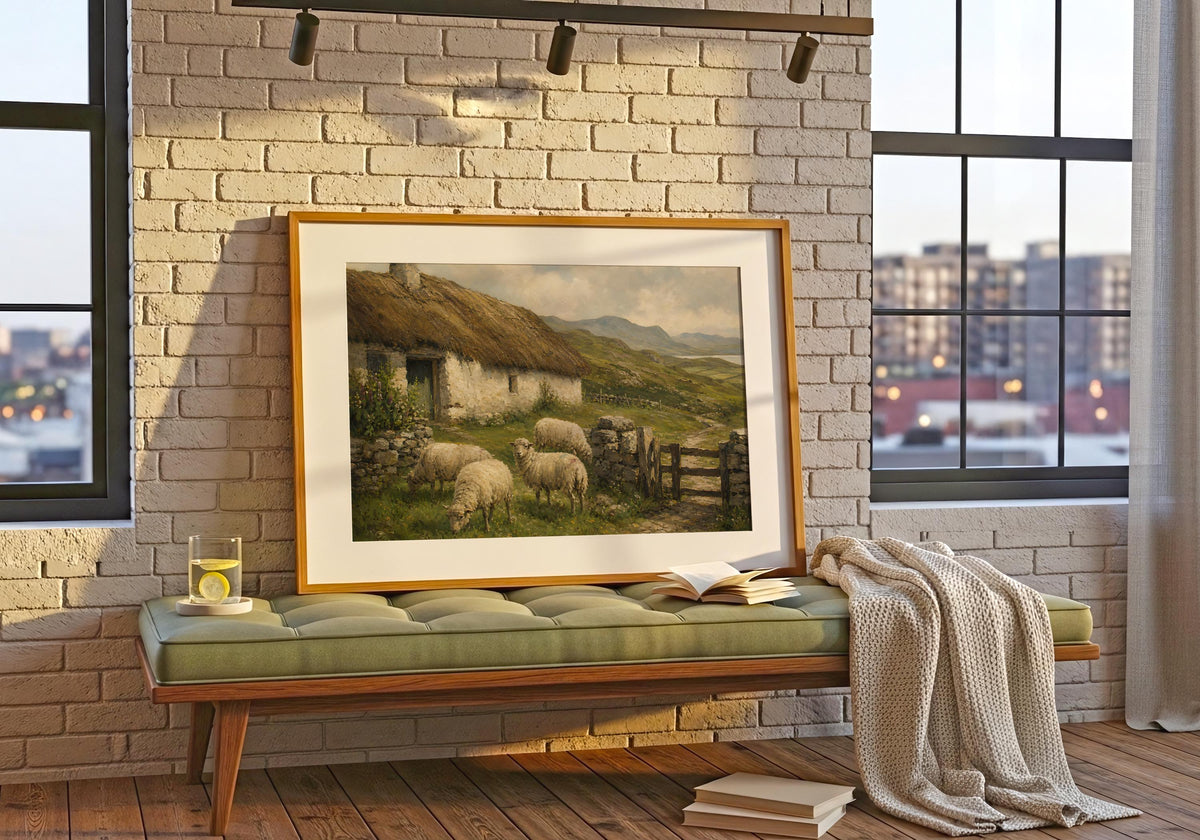 Sheep by the cottage oil painting Irish print – wall mockup 2